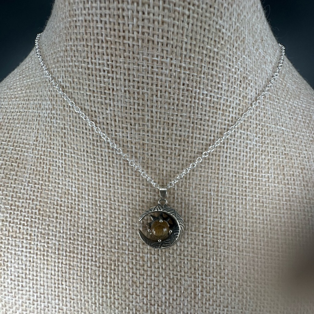 Rutilated Quartz and Silver Moon and Star Pendant Necklace on Box Chain